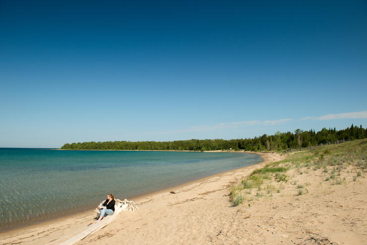 woman sits on driftwood log on sandy Holmes Bay beach in Inverhuron Park