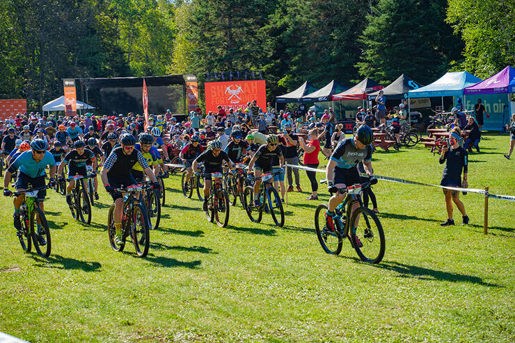 Cyclists take part in a race at the popular Shuniah Forty Miner mountain bike festival