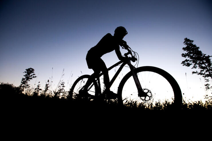 Mountain biker riding at dusk.