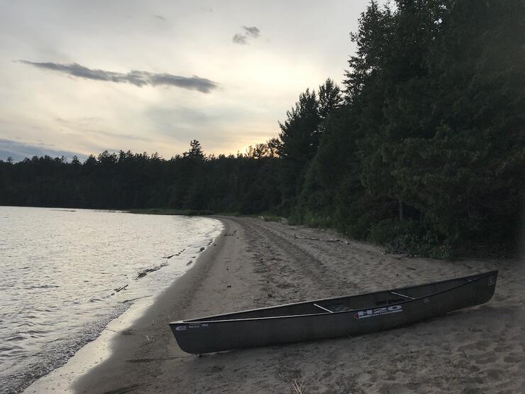 Canoe pulled up on a beach
