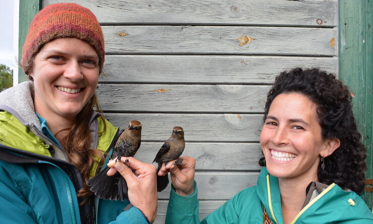 Two women holding birds