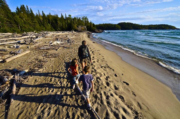 Family walking on the sand next to the lake with driftwood.
