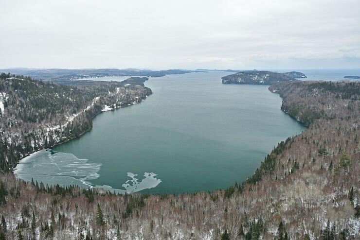 Look out over icy lake in the winter