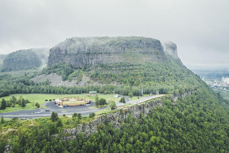 Aerial view of the scenic lookout atop Mount McKay