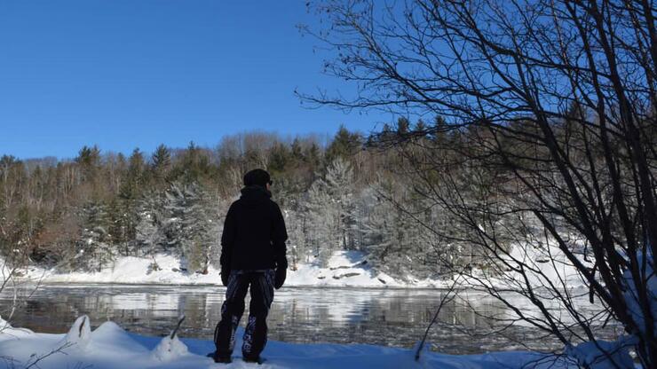 A person stops to look at the surrounding wilderness