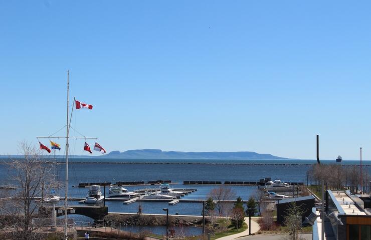 Flags fly at the Thunder Bay Harbour marina