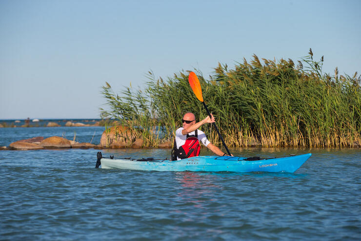 Man paddling blue sea kayak with dune in background.