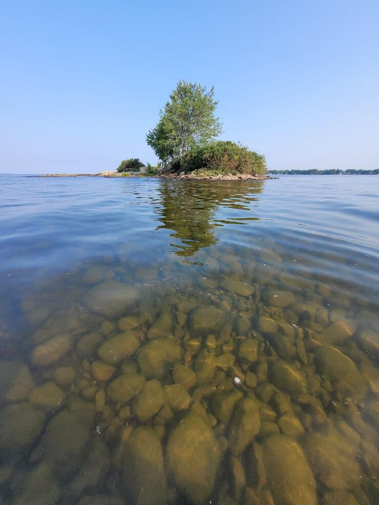 Underwater rocks are visible beneath the surface of clear lake waters with small island in background