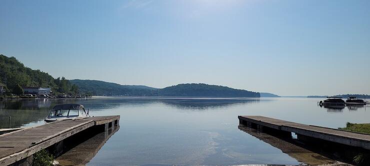 View from docks looking out over calm waters of Trout Lake