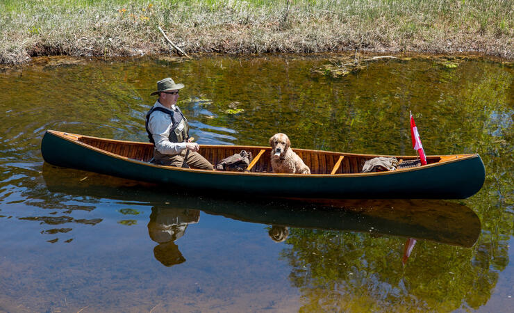 Man paddling a green canoe with golden retriever pup