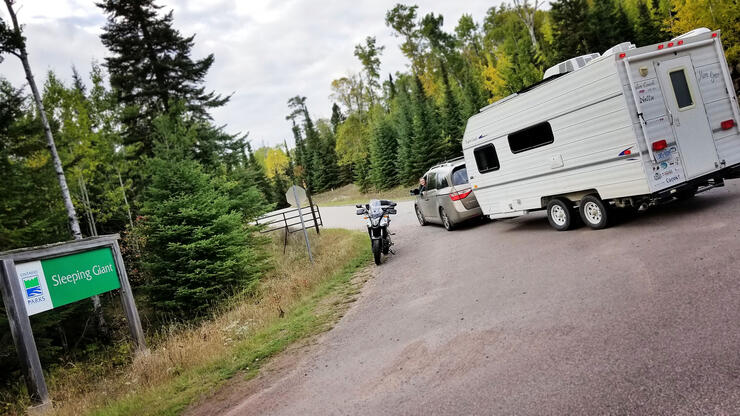 Pulling the RV and motorcycle into Northwest Ontario's Sleeping Giant Provincial Park