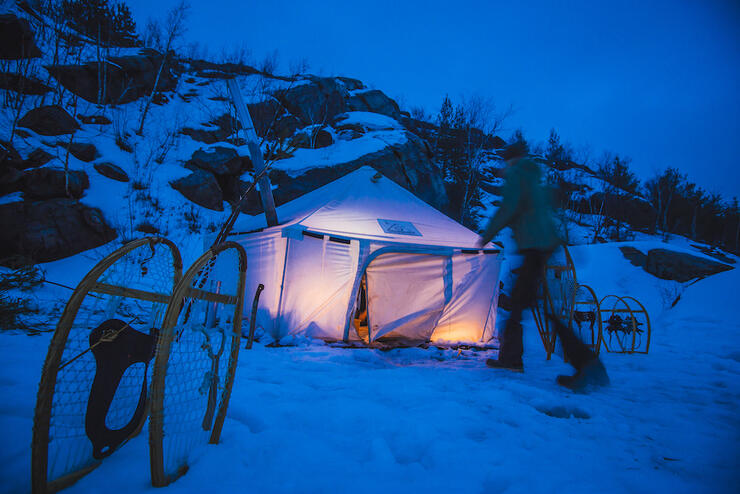 Heated tent at night
