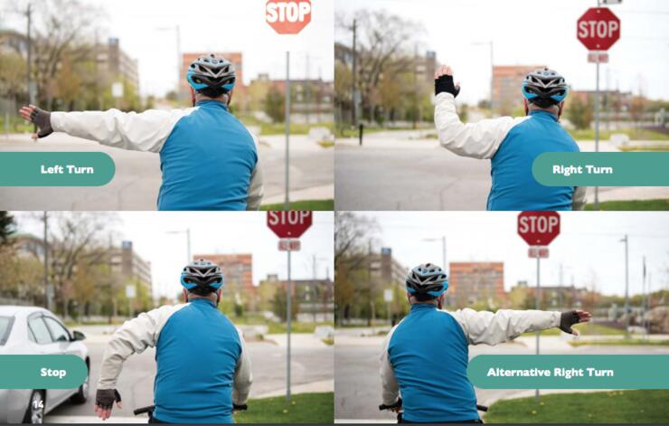 Four images showing a cyclist doing hand signals.