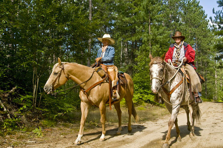 Two women riding horses on a trail in the forest. 