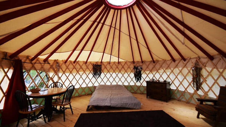 Inside of a yurt.