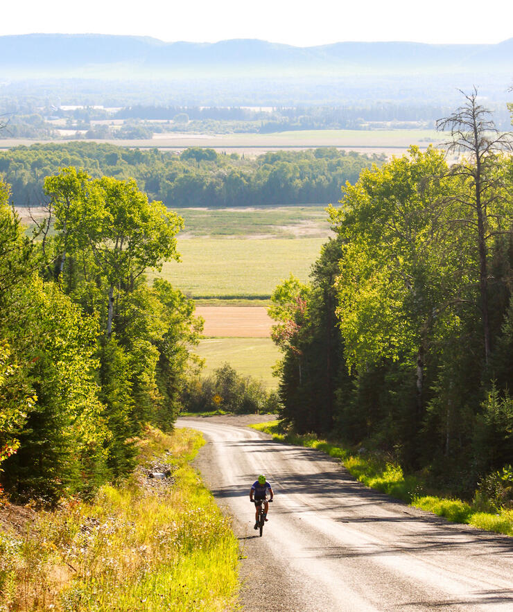 Single cyclist pedalling uphill on a dirt road with rolling hills in background.