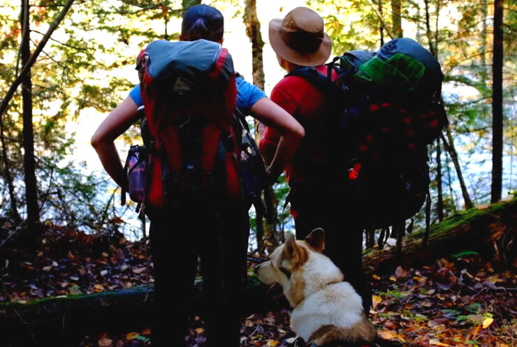 Two hikers carrying  small backpacks looking into forest 
