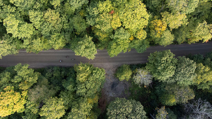 overhead view of the forested course of the Hurtin In Haliburton road cycling race