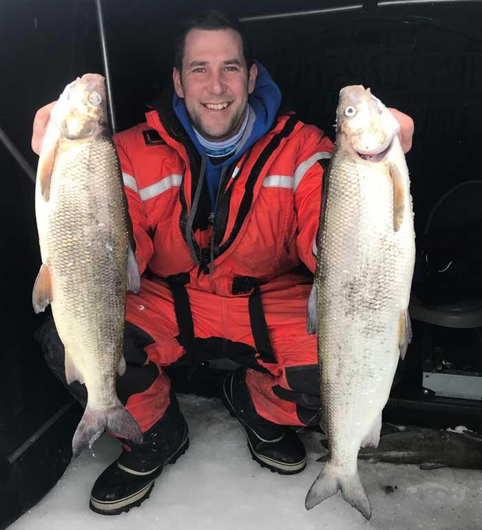 ice angler holding 2 whitefish