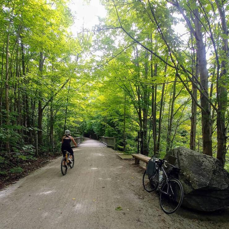 Cyclist riding on rail trail through the woods
