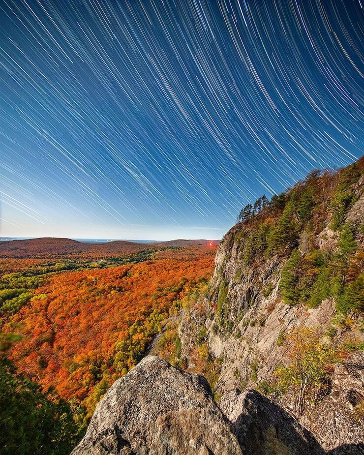 Cliff overlooking colourful trees with stars in sky