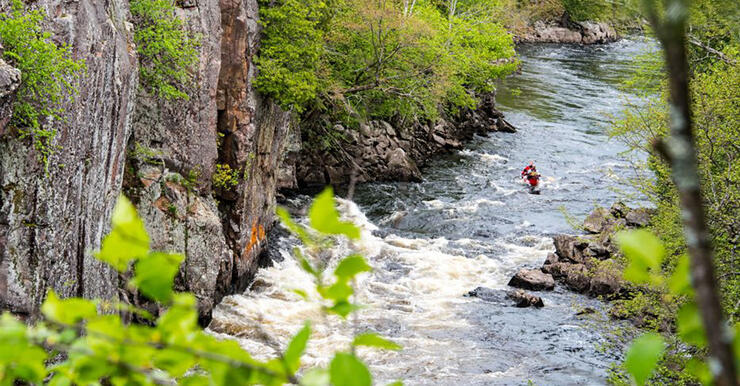 A canoeist paddling on river with bright spring foliage on riverbanks.