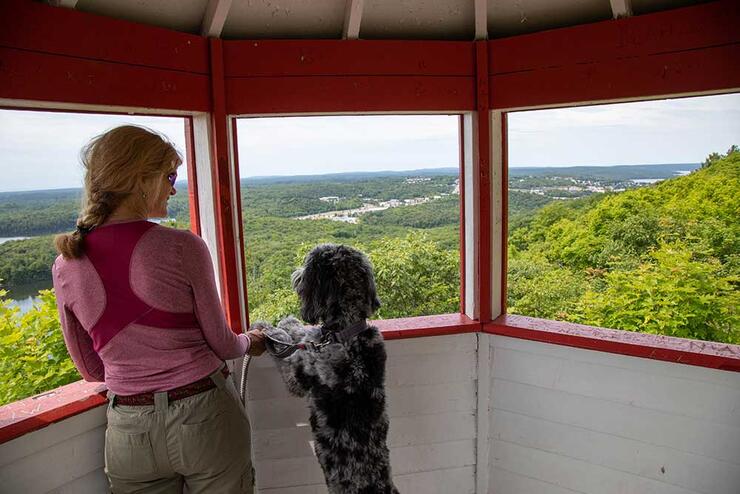 woman and dog over looking view)