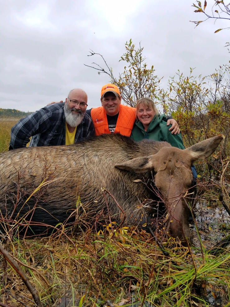 3 people standing near moose