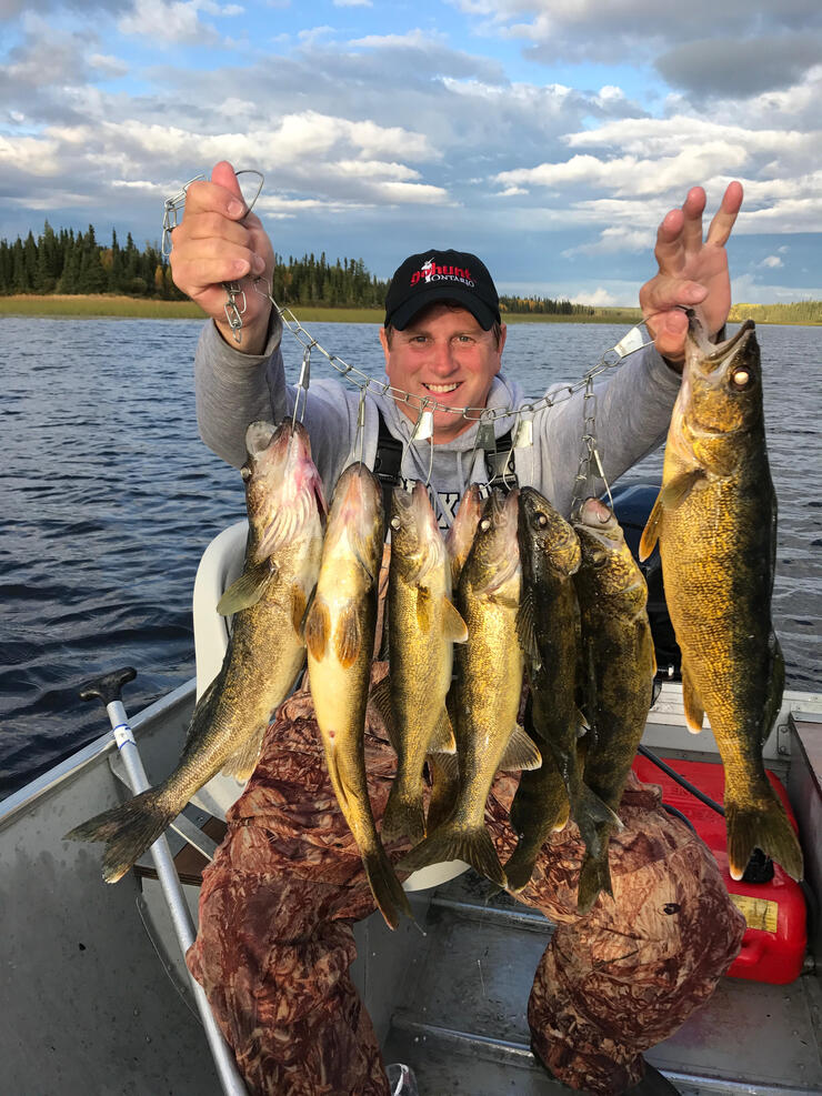 angler holding stringer of walleye