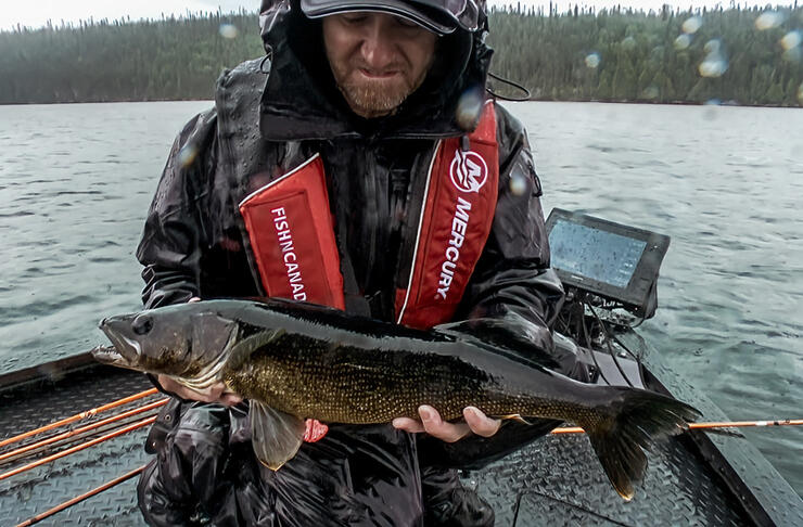 angler fishing walleye in the rain